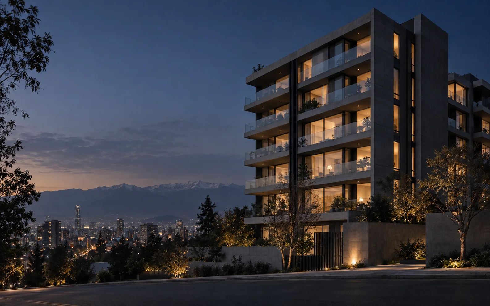 Edificio residencial contemporáneo en Santiago al atardecer