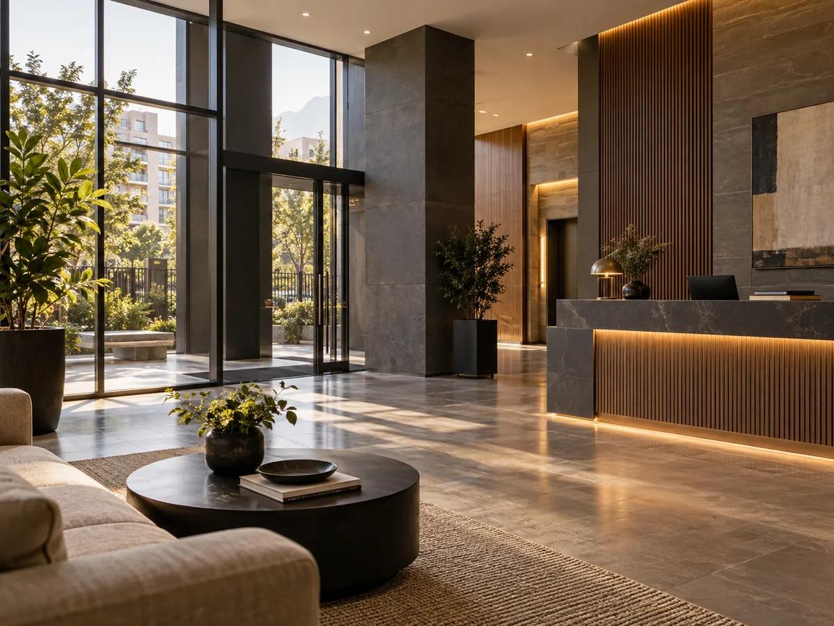 Recepción de un edificio residencial administrado profesionalmente