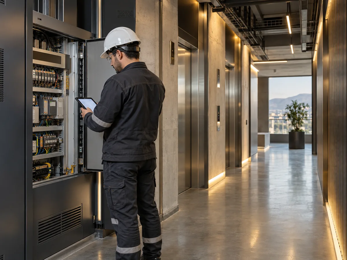 Técnico revisando los sistemas de un edificio residencial